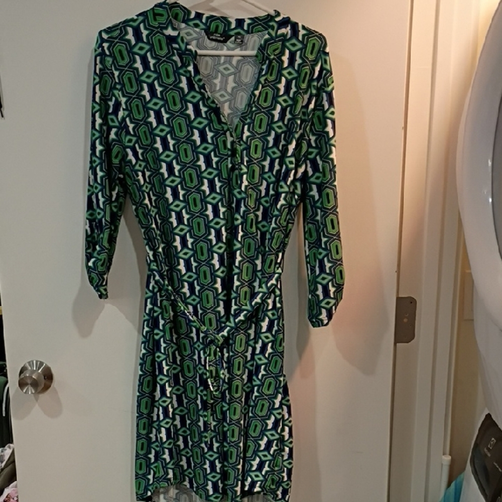 Mlle Gabrielle Green and Blue Geometric Long Sleeve Dress